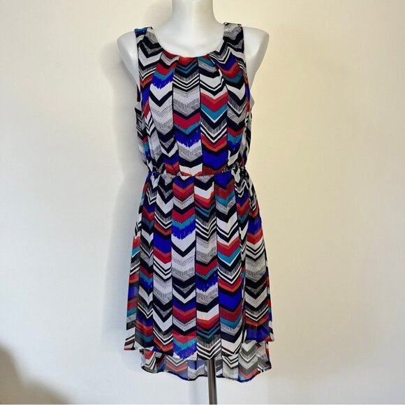 Dex Dresses & Skirts - Dex Hi Low Dress Chevron Key Hole Back Lined Striped Blue Red Black Party Sz M
